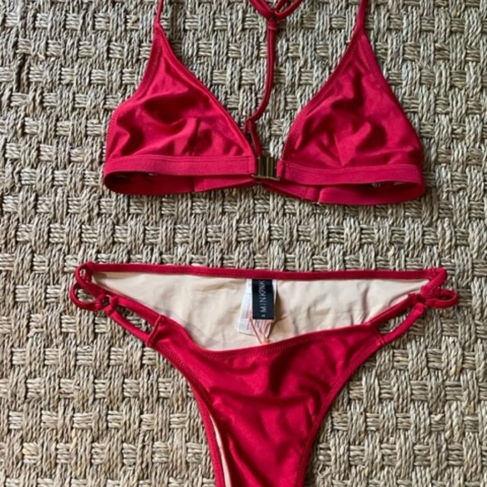 Mink Pink Ruby Red Triangle Bikini With Gold Meta… - image 1